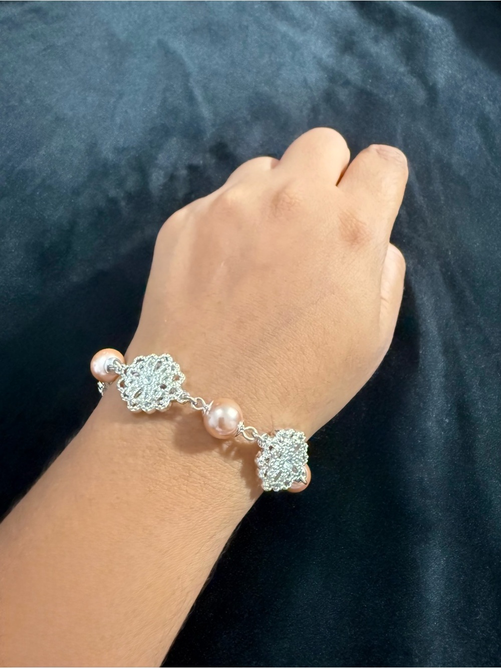 Elegant Silver Filigree & Pink Pearl Bracelet